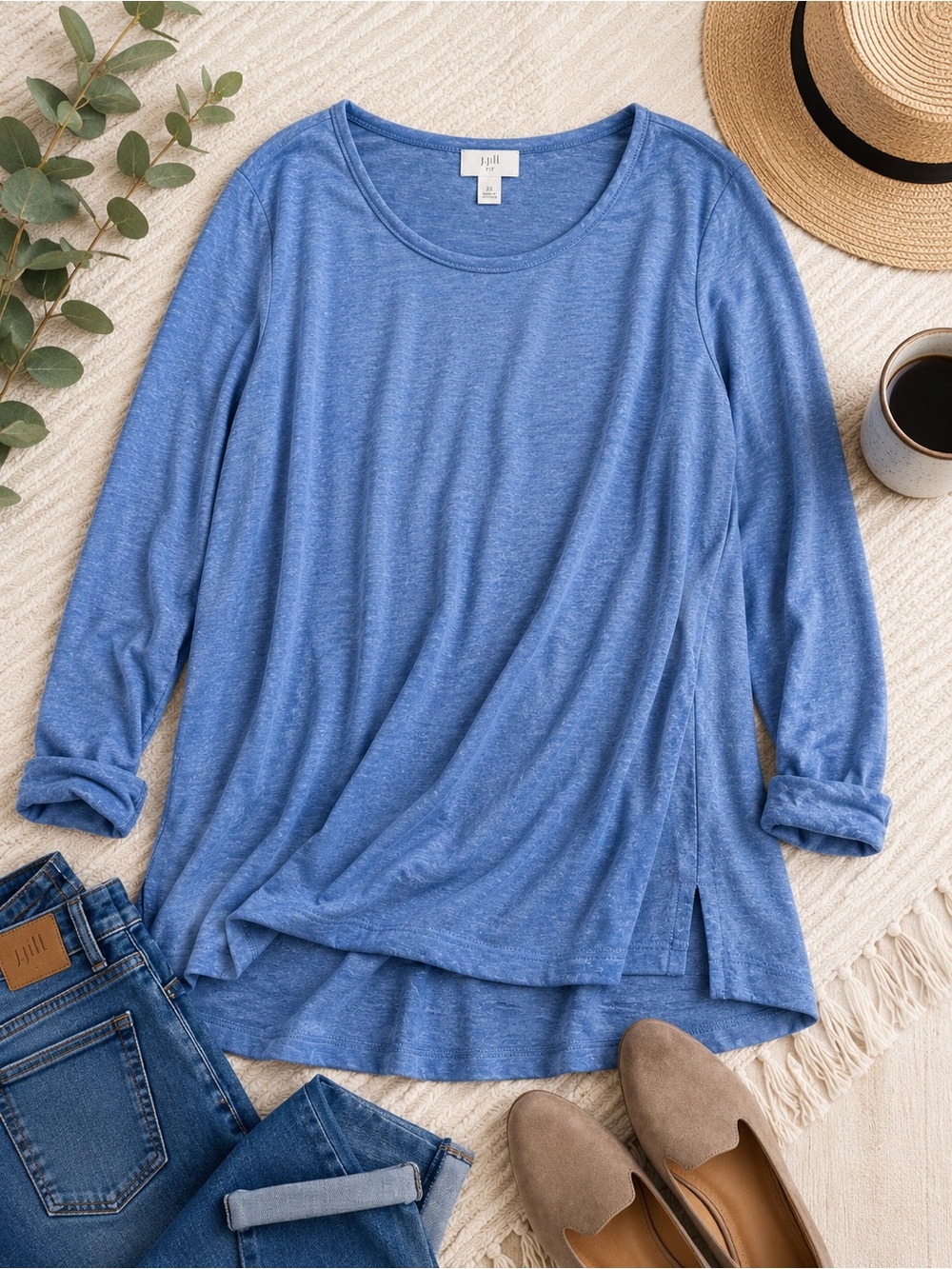 J.Jill Fit Tunic Top 2X Plus Size Blue Soft Long Sleeve High Low Hem
